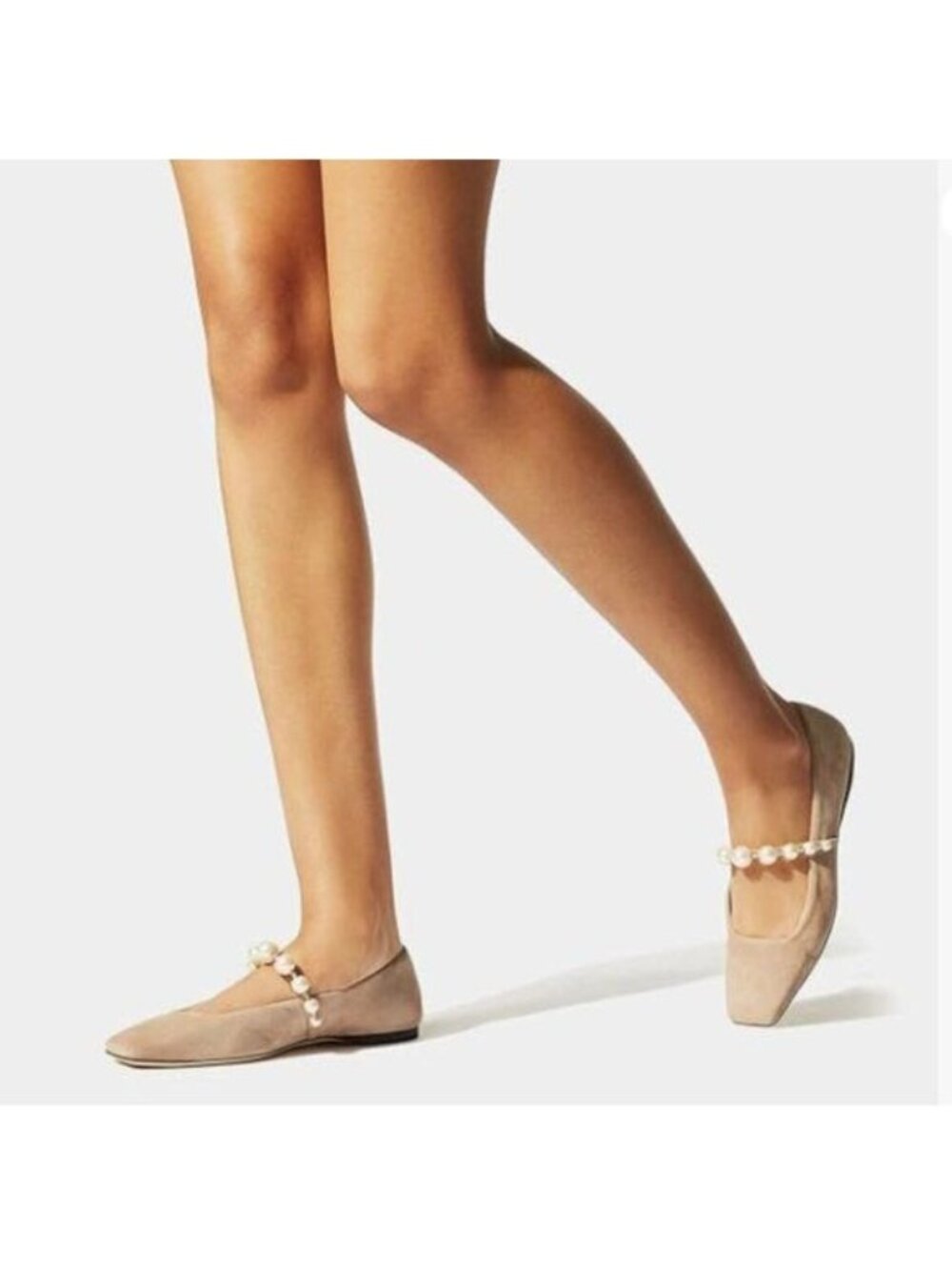 FOWT Nude Square Toe Slip on Flats Pearl Studded Strap Elegant Pump Wedding Shoe